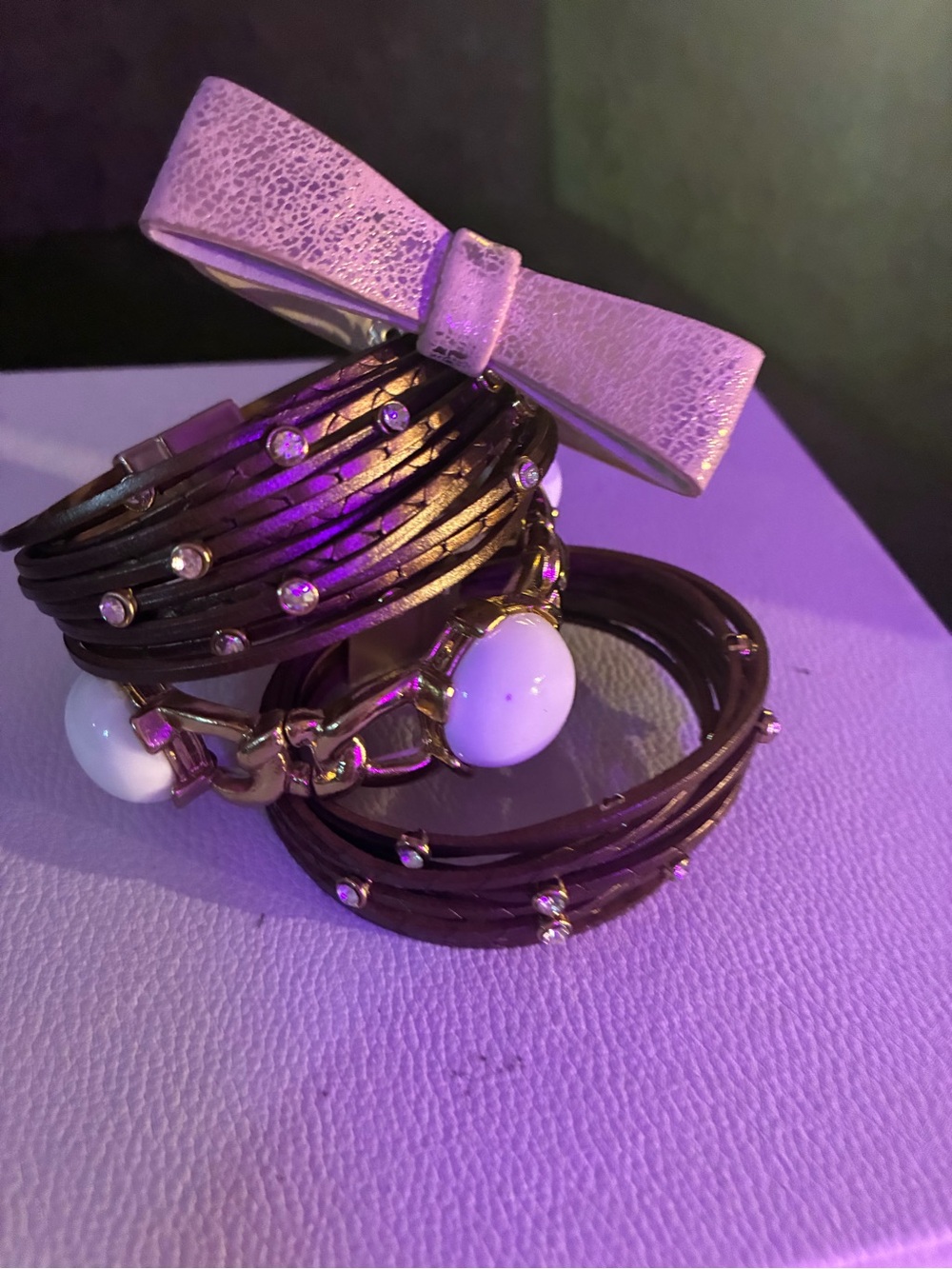 Leather Wrap Bracelet with White Stone Accents - Women Jewelry